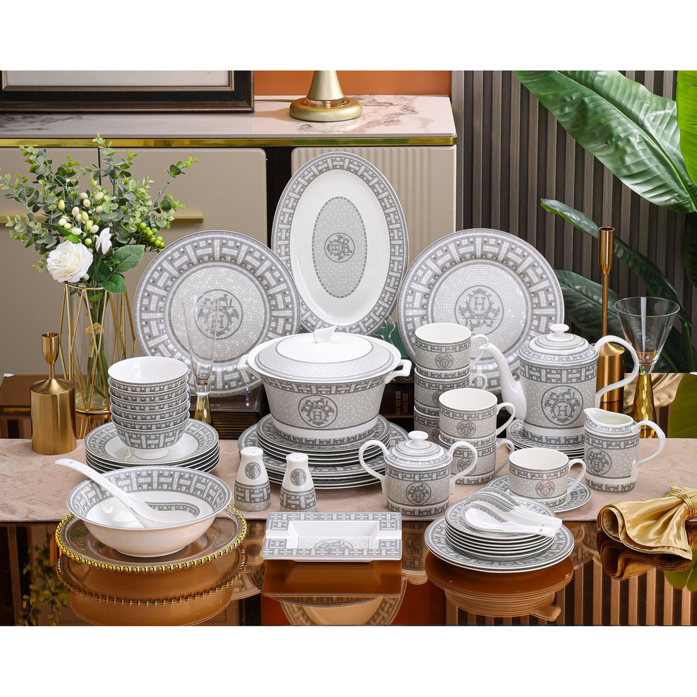 Silver Grey Lattice Medallion Dinnerware Set