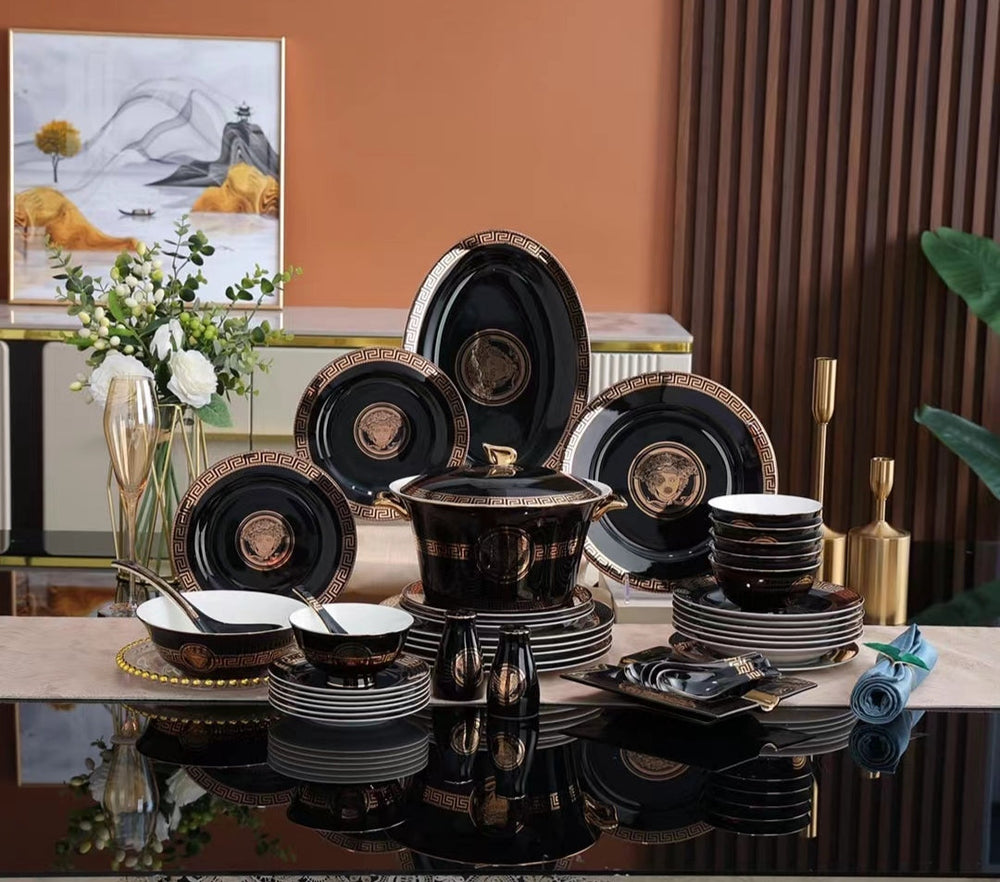 Black Gold Greek Key Medallion Dinnerware Set