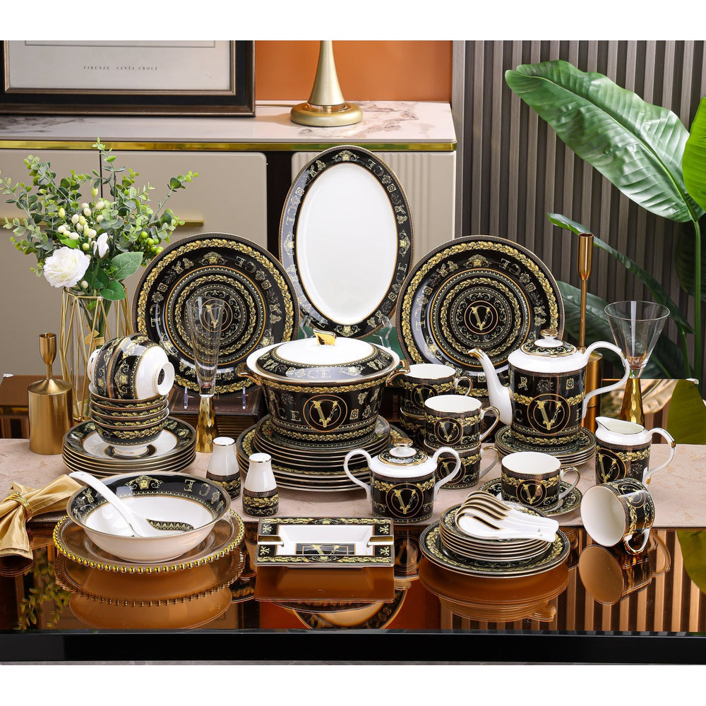 Black Gold Crest Medallion Dinnerware Set