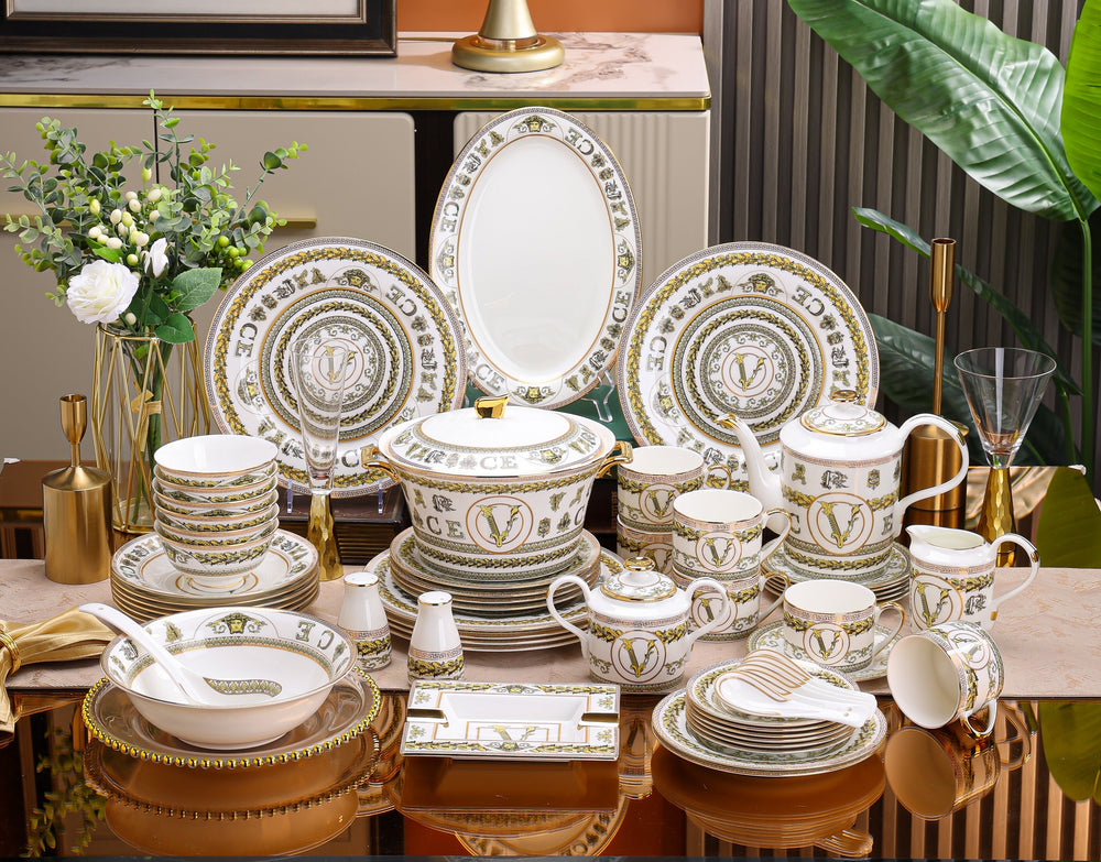 White Gold Crest Medallion Dinnerware Set