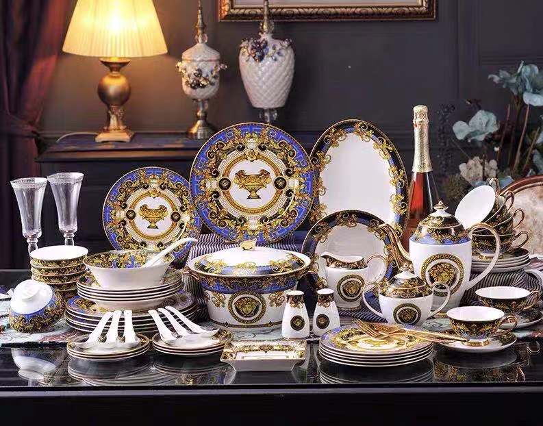 Royal Blue Black Gold Baroque Trophy Dinnerware Set