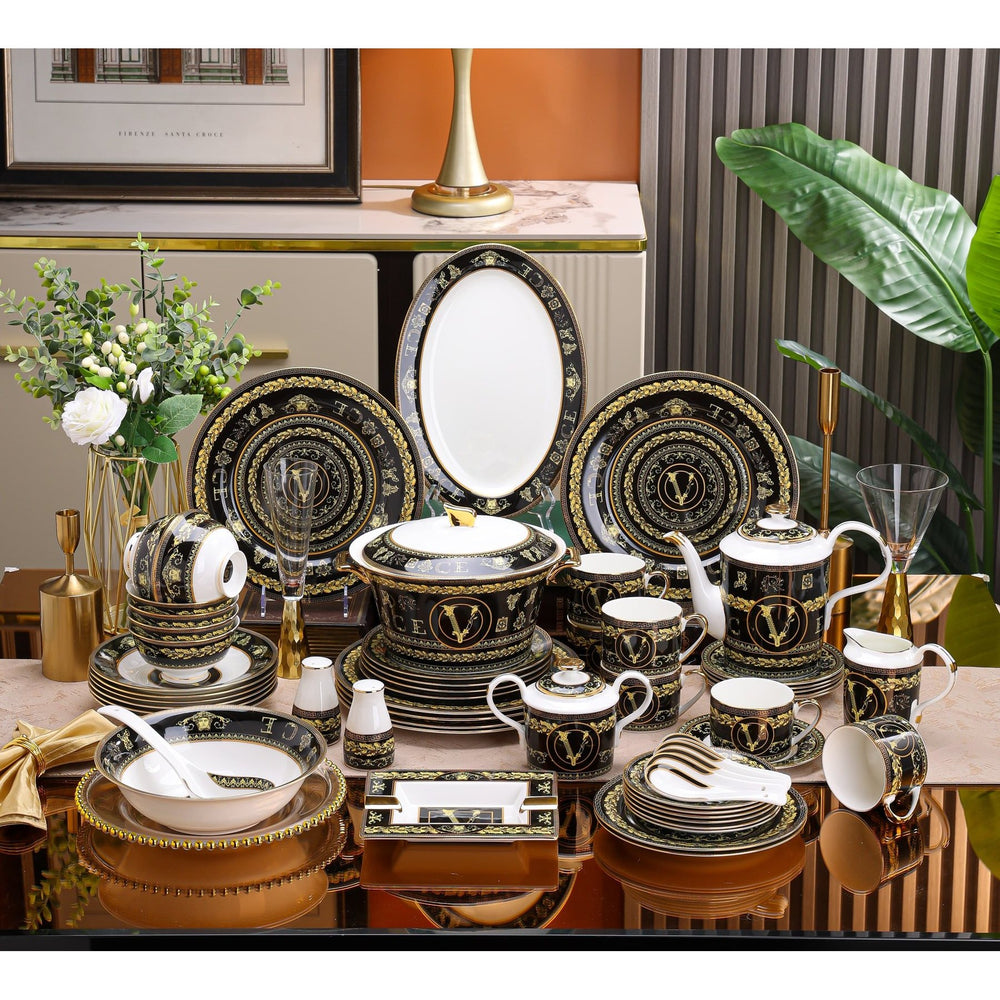 Black Gold Monogram Crest Dinnerware Set