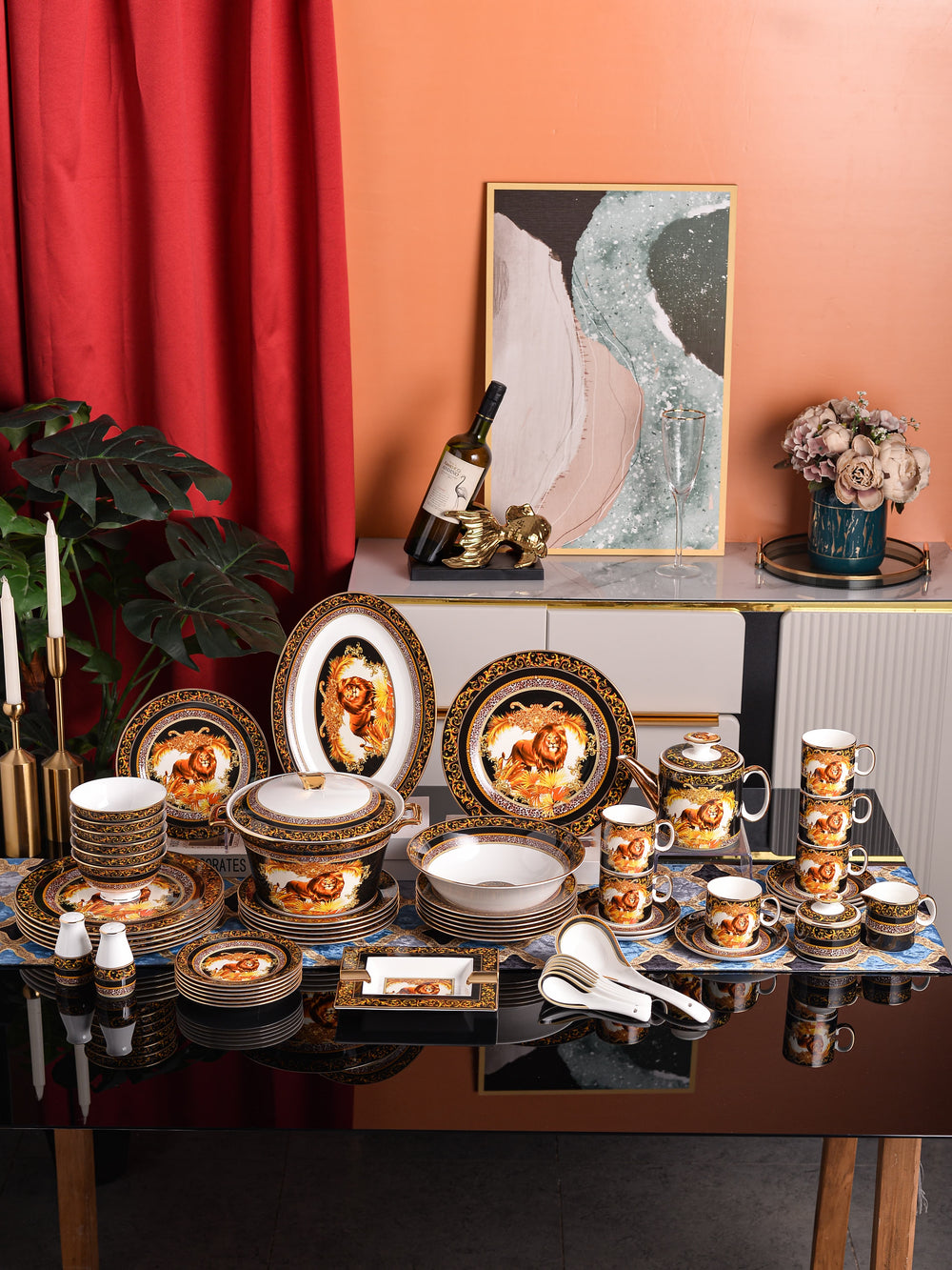Black Gold Lion Medallion Dinnerware Set