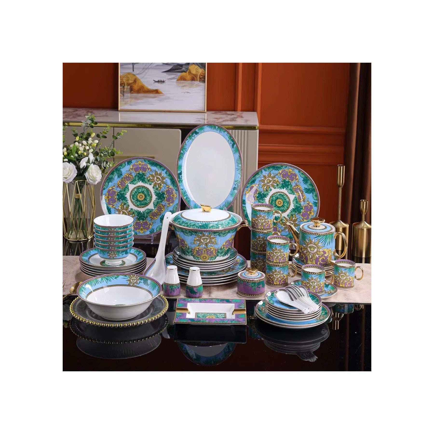 Emerald Palm Gold Rim Dinnerware Set