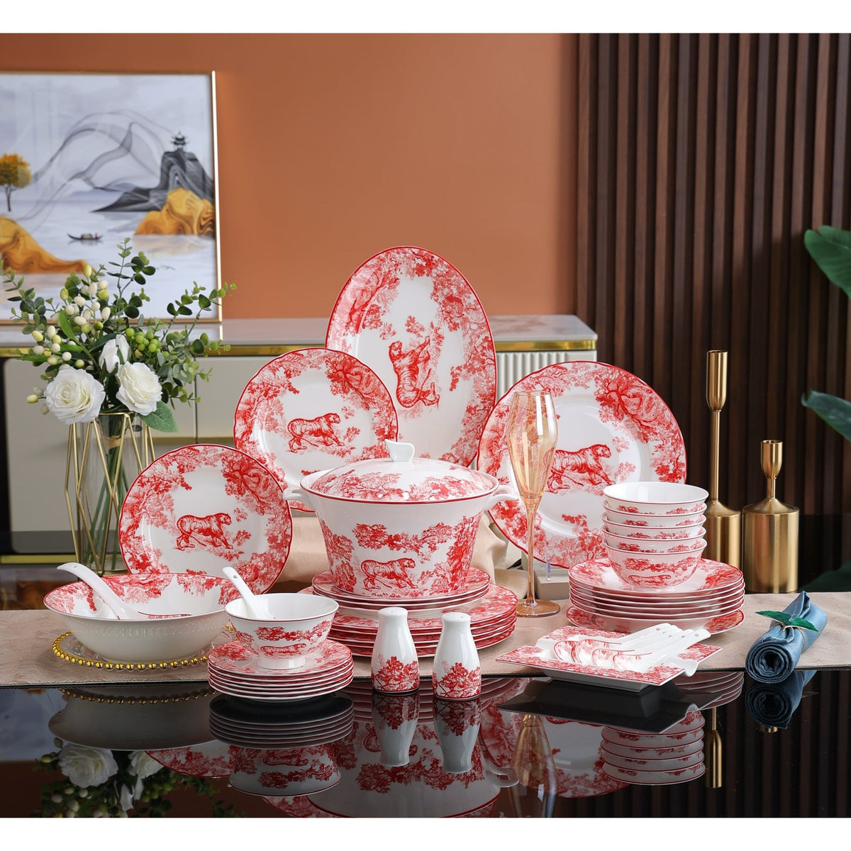 Crimson Forest Tiger Dinnerware Set