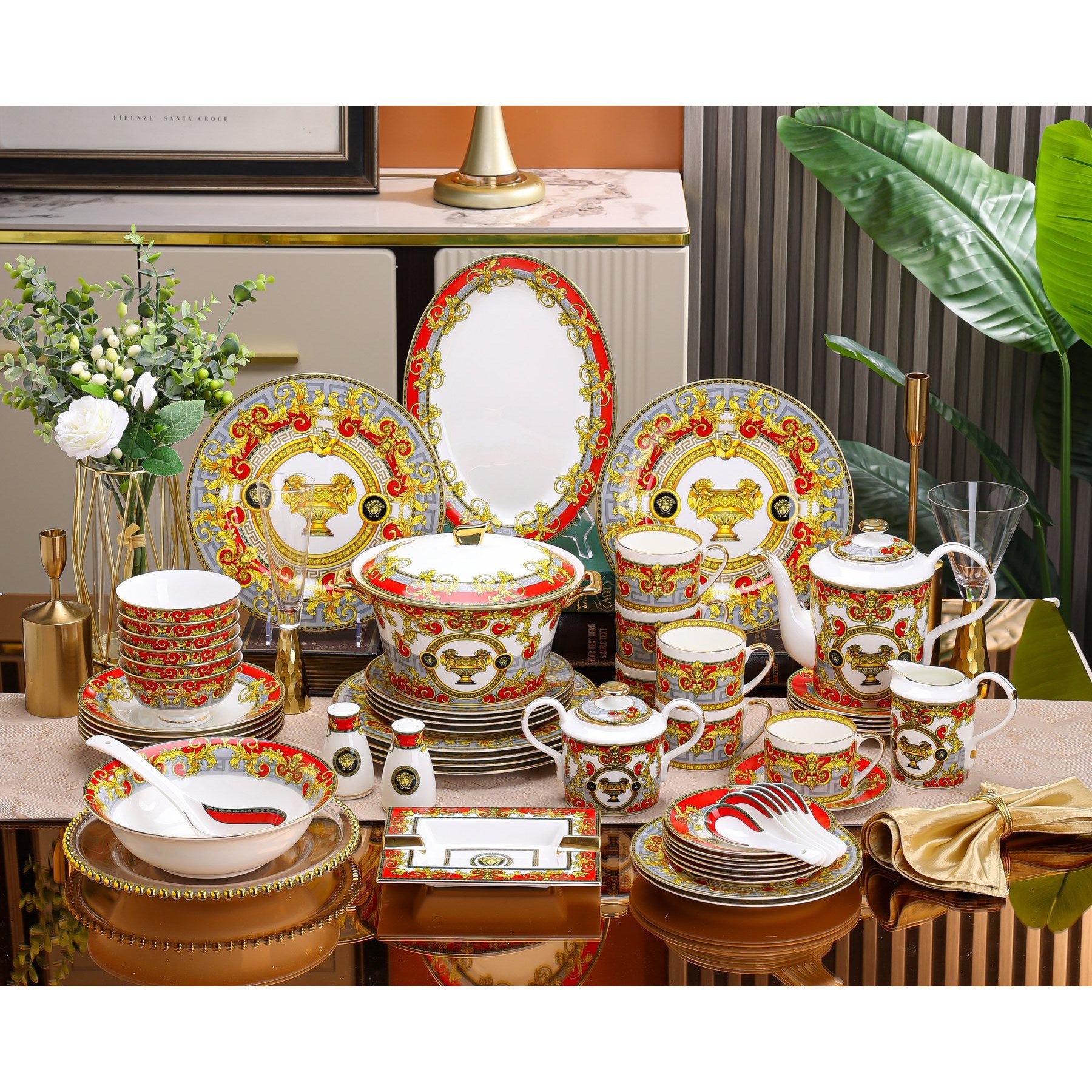 Red Gold Baroque Trophy Dinnerware Set