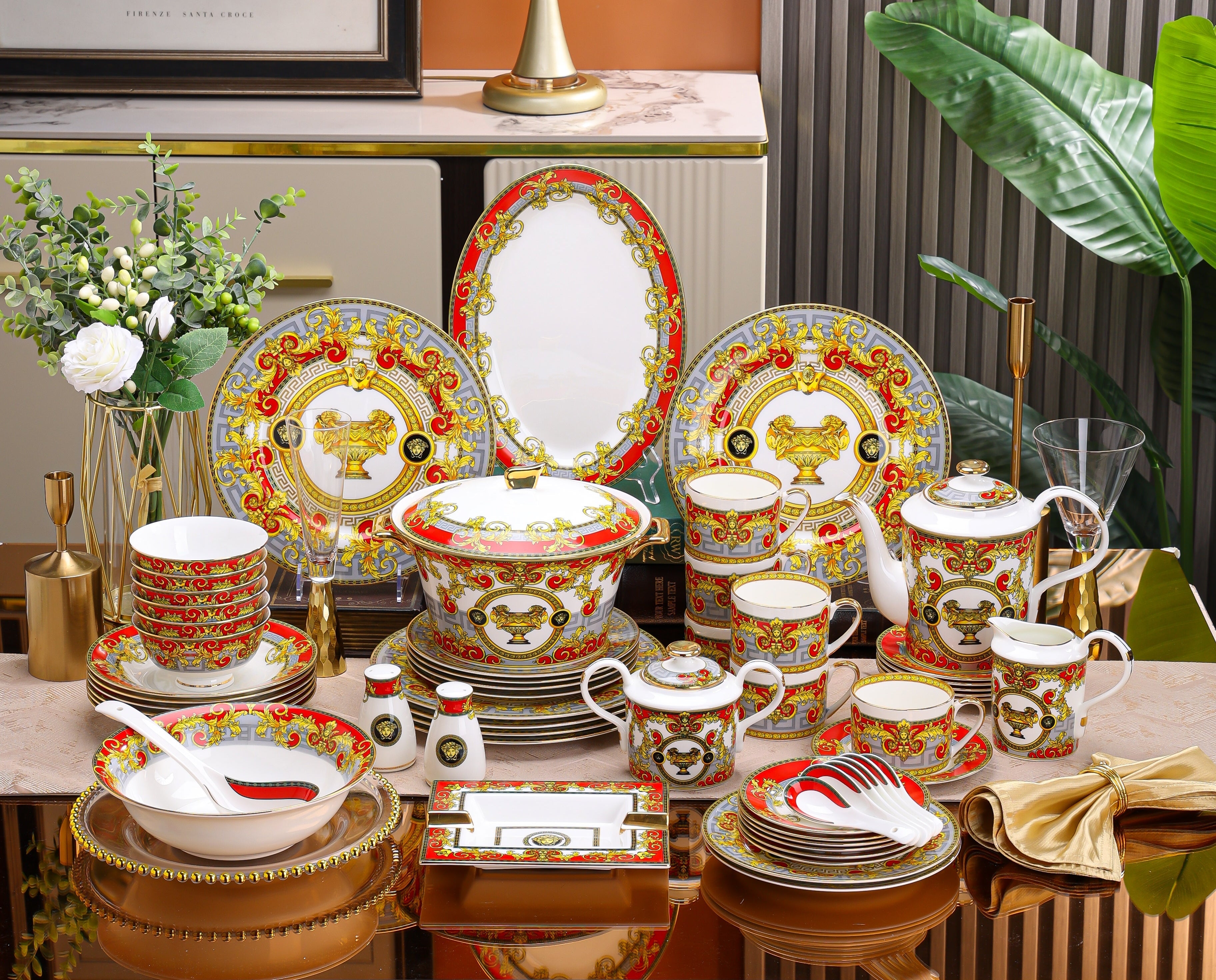 Red Gold Baroque Trophy Dinnerware Set