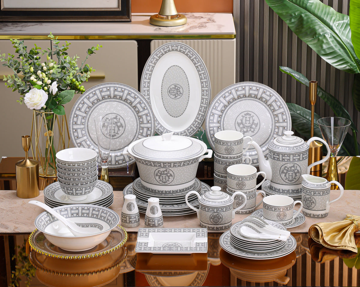 Silver Grey Lattice Medallion Dinnerware Set