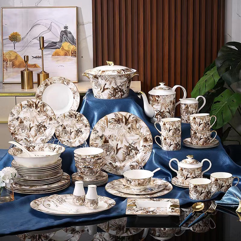 Mocha Brown Botanical Dinnerware Set