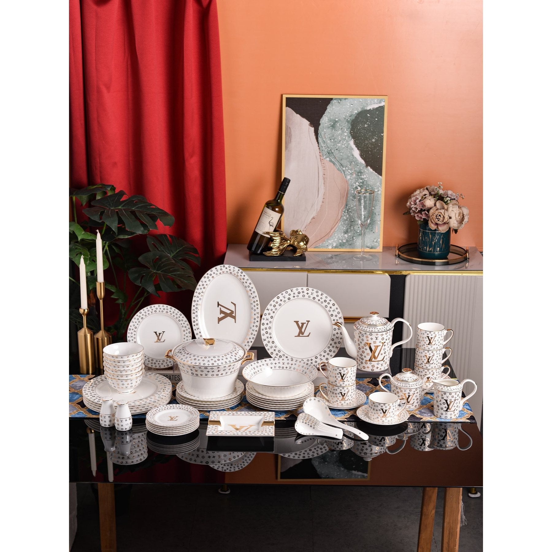 Mocha Gold Monogram Dinnerware Set