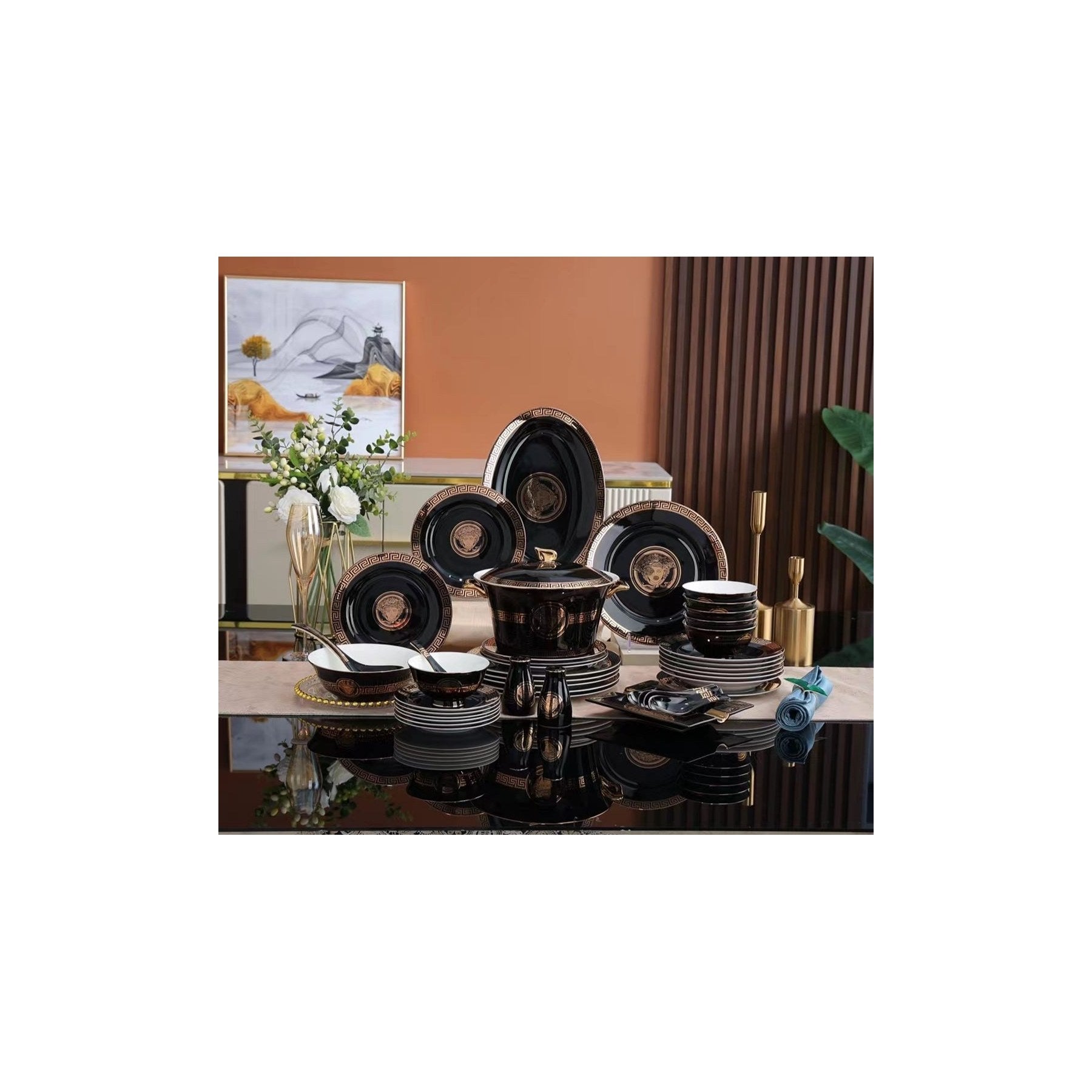 Black Gold Greek Key Medallion Dinnerware Set