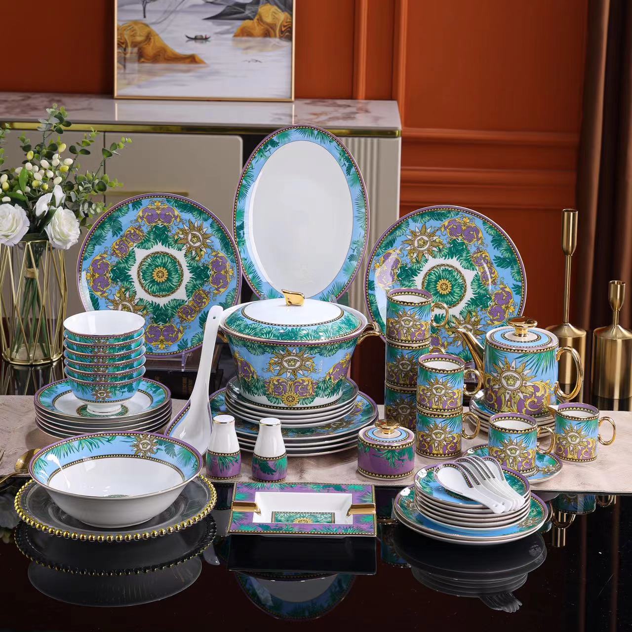 Emerald Palm Gold Rim Dinnerware Set
