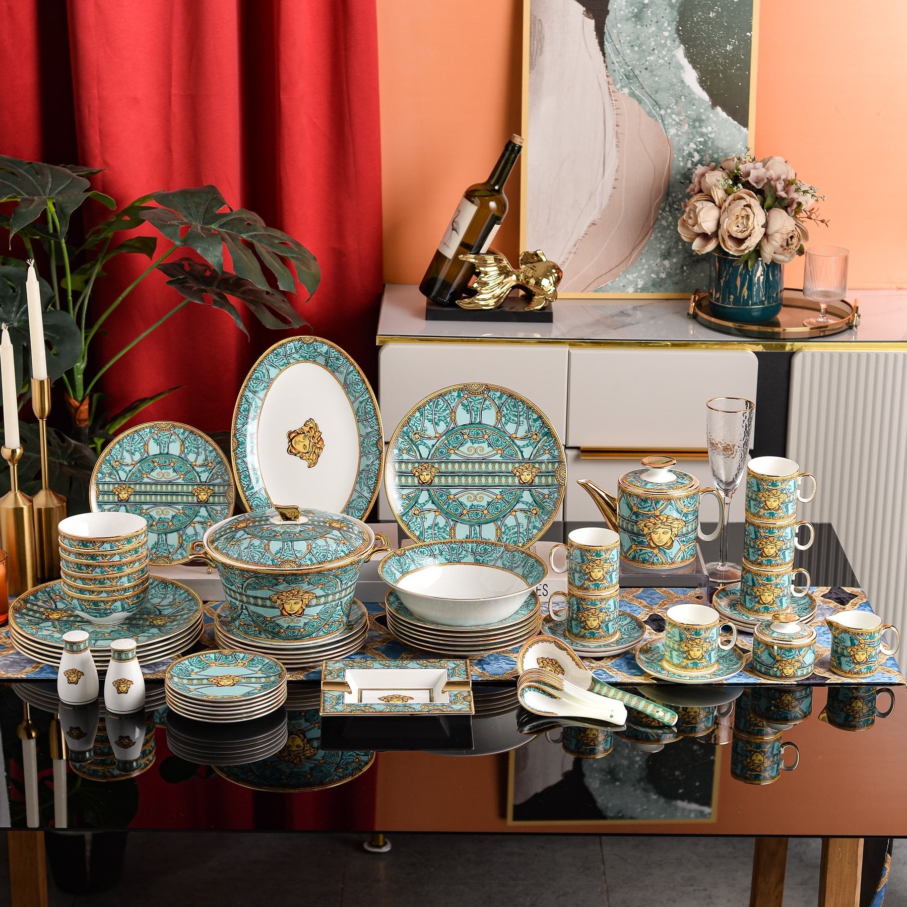 Aqua Gold Palace Arch Medallion Dinnerware Set