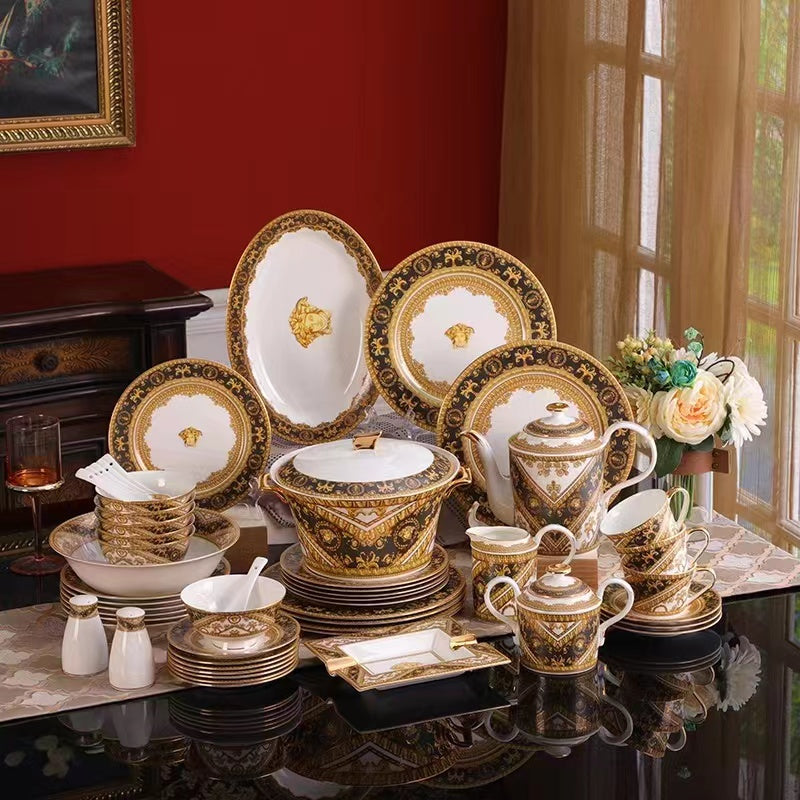 Brown Gold Royal Scroll Dinnerware Set