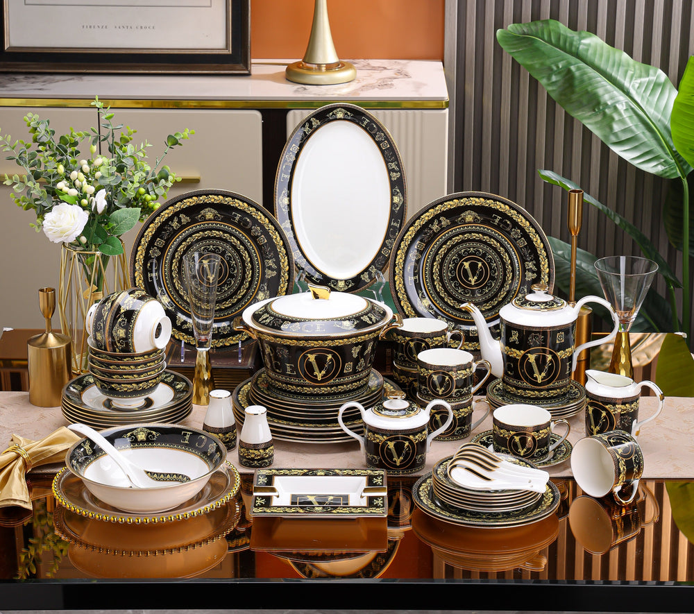 Black Gold Crest Medallion Dinnerware Set