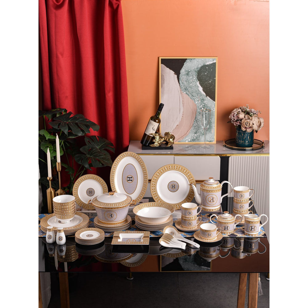 Ivory Gold Geometric Monogram Dinnerware Set