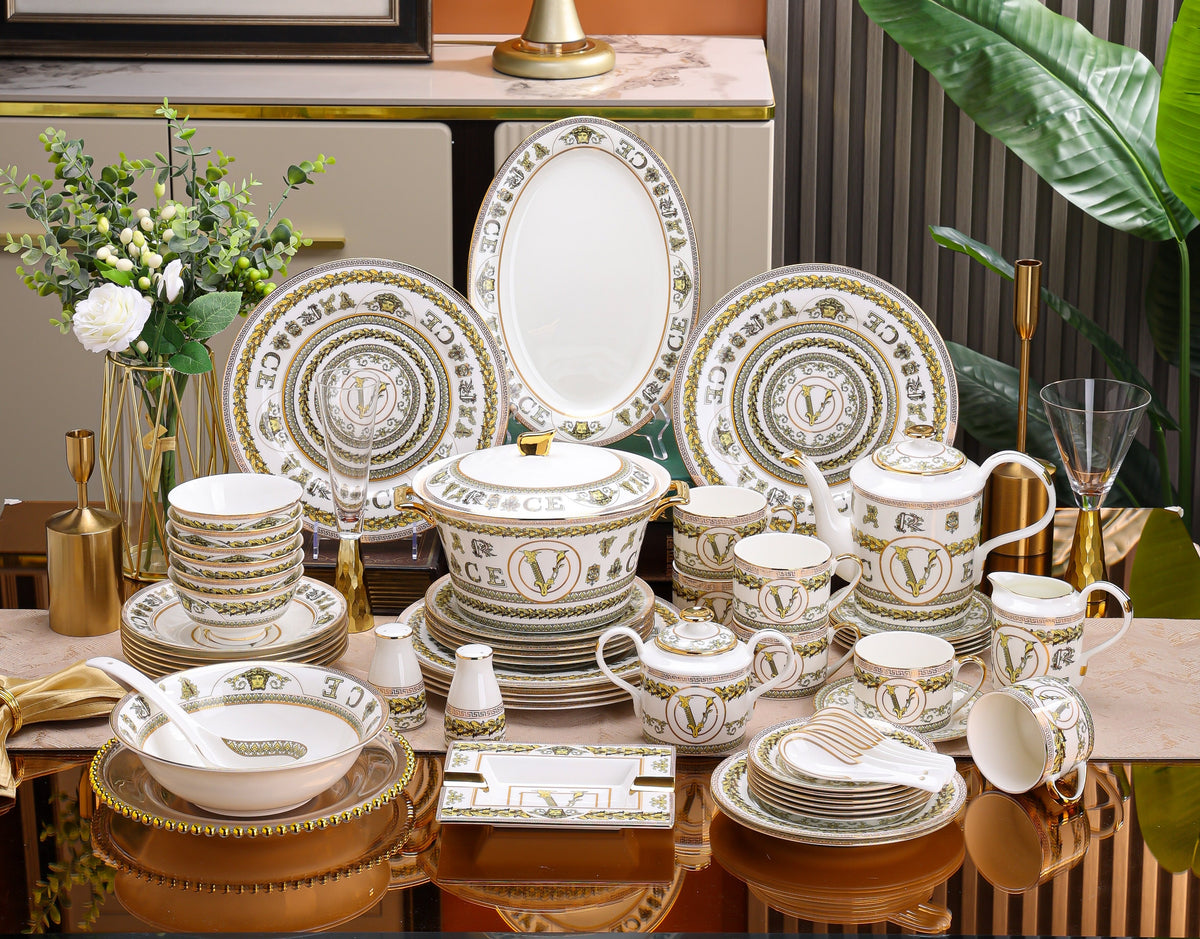 White Gold Crest Medallion Dinnerware Set