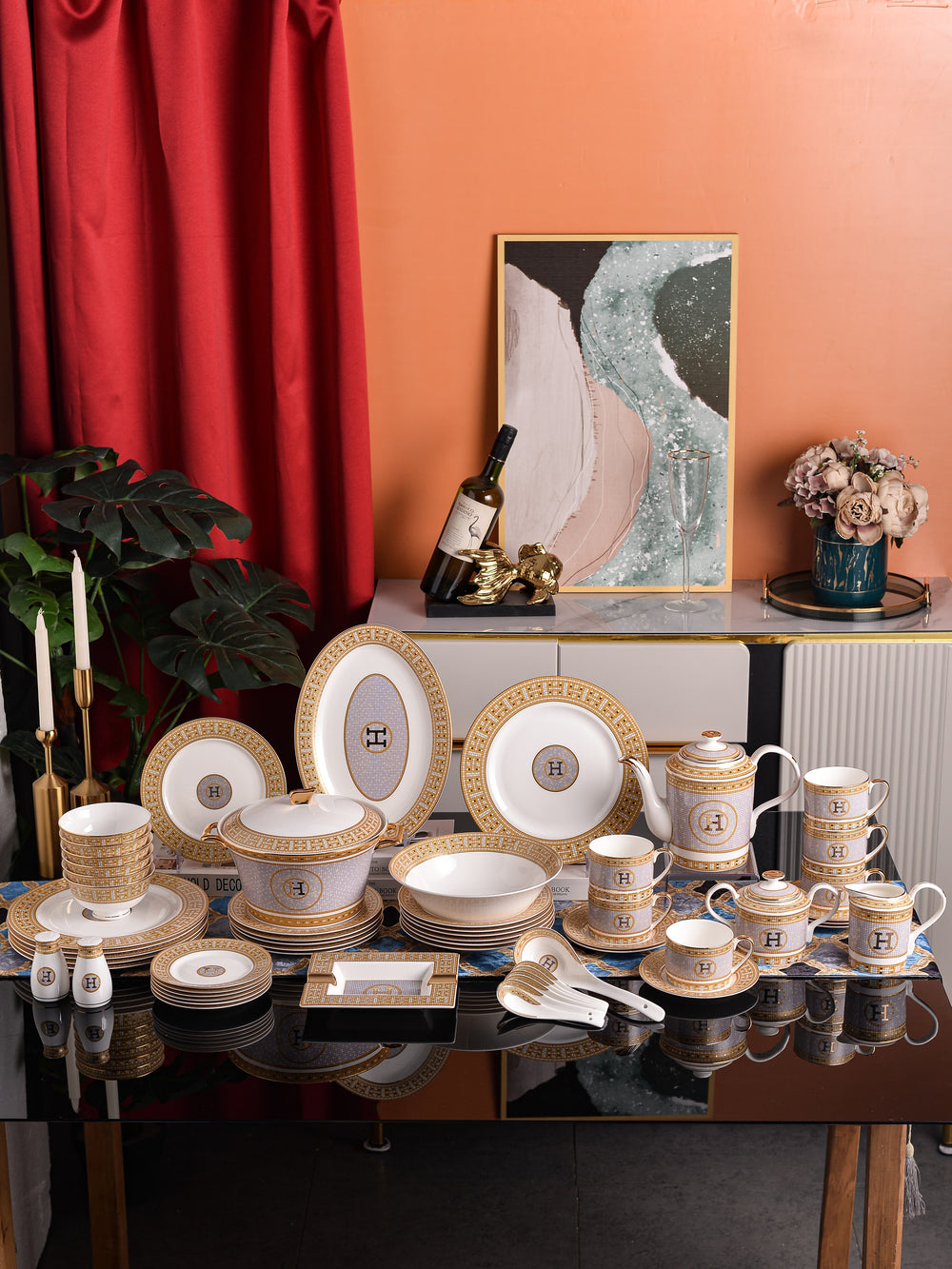 Ivory Gold Geometric Monogram Dinnerware Set