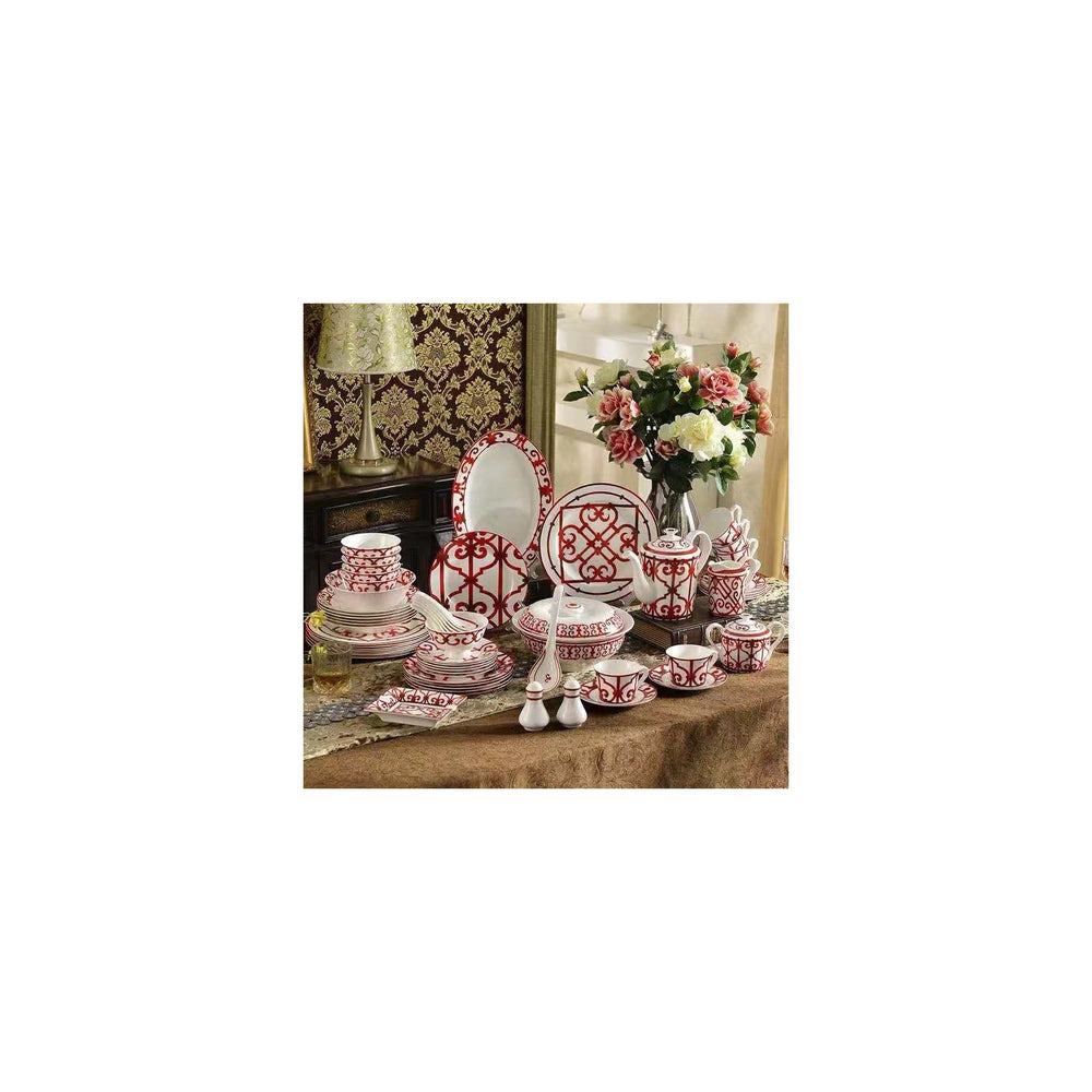 Red White Scroll Lattice Dinnerware Set