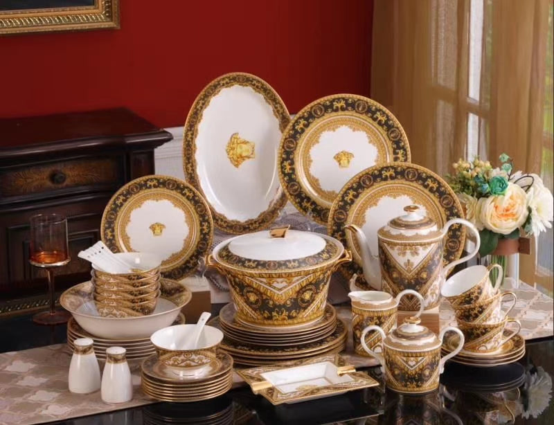 Brown Gold Royal Scroll Crest Dinnerware Set