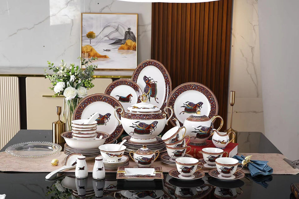 Burgundy Horse Ethnic Border Dinnerware Set