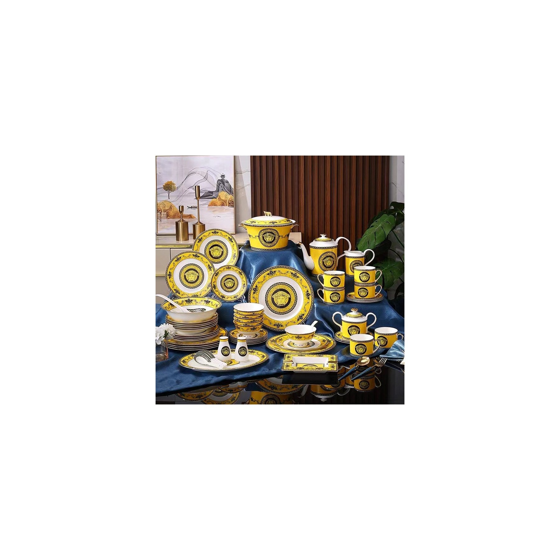 Yellow Black Gold Medallion Dinnerware Set
