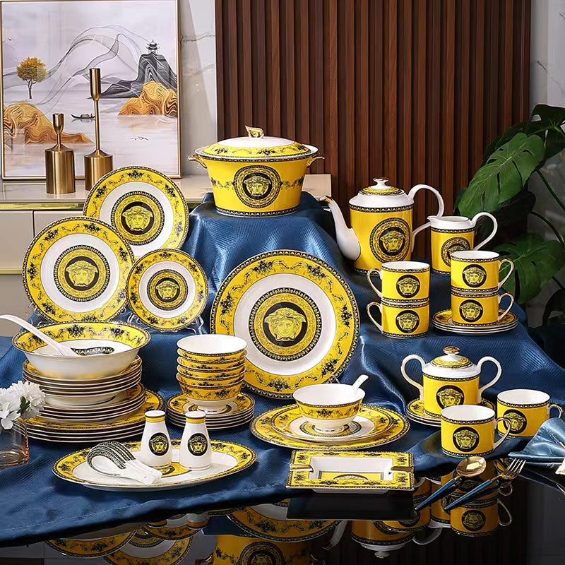 Yellow Black Gold Medallion Dinnerware Set