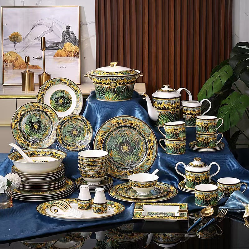 Black Gold Tropical Palm Medallion Dinnerware Set