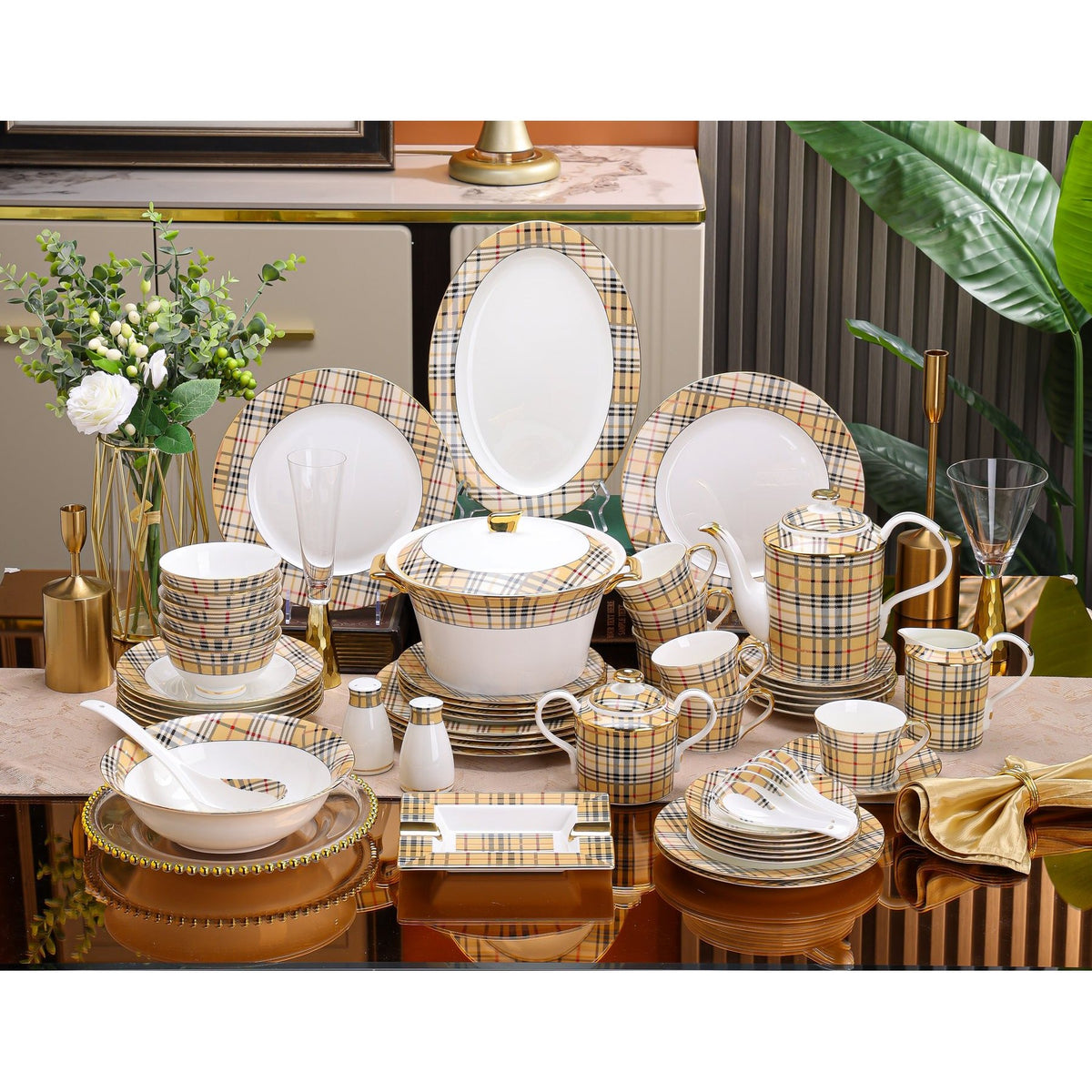 British Beige Check Dinnerware Set