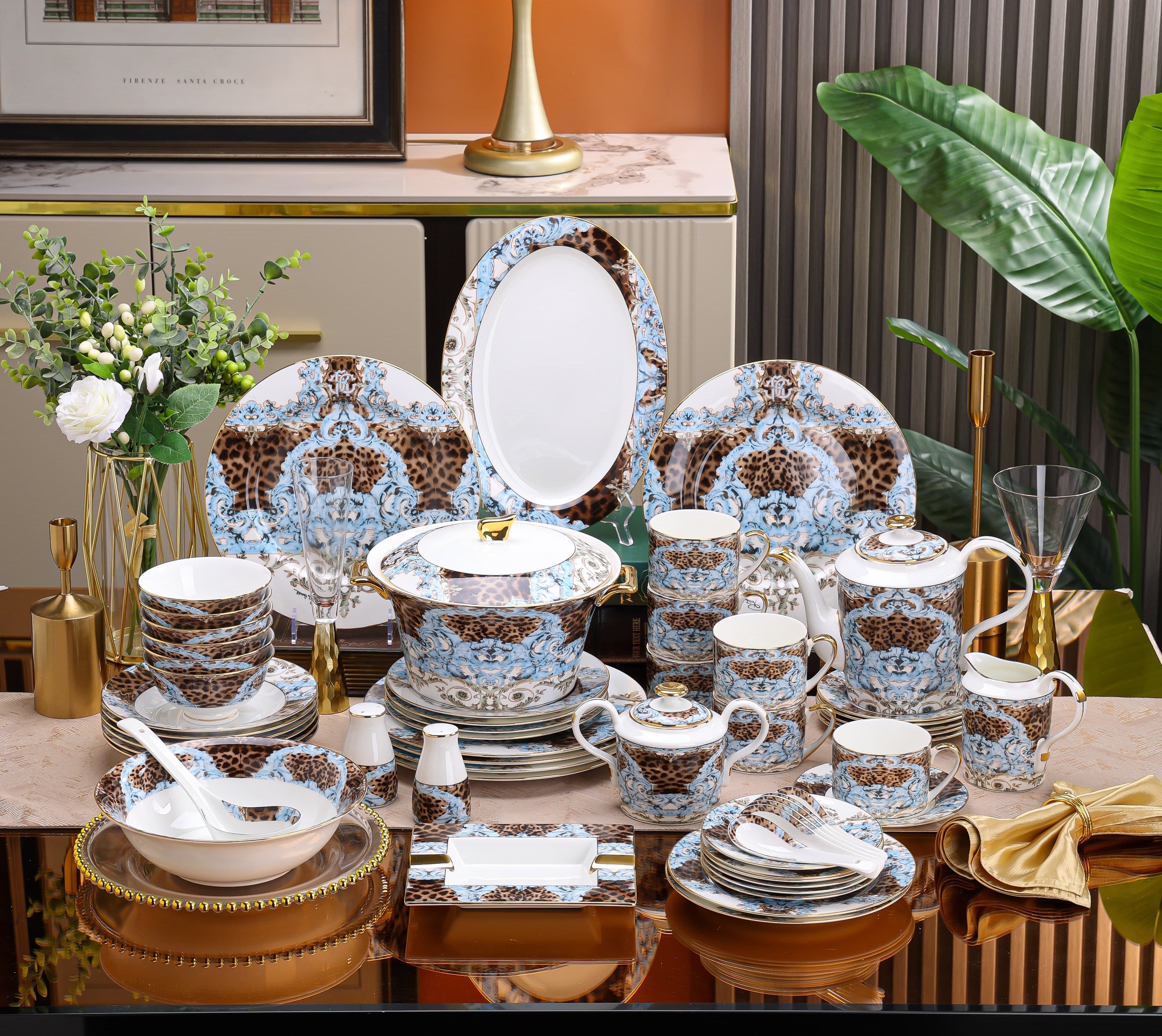 Blue Brown Leopard Baroque Dinnerware Set
