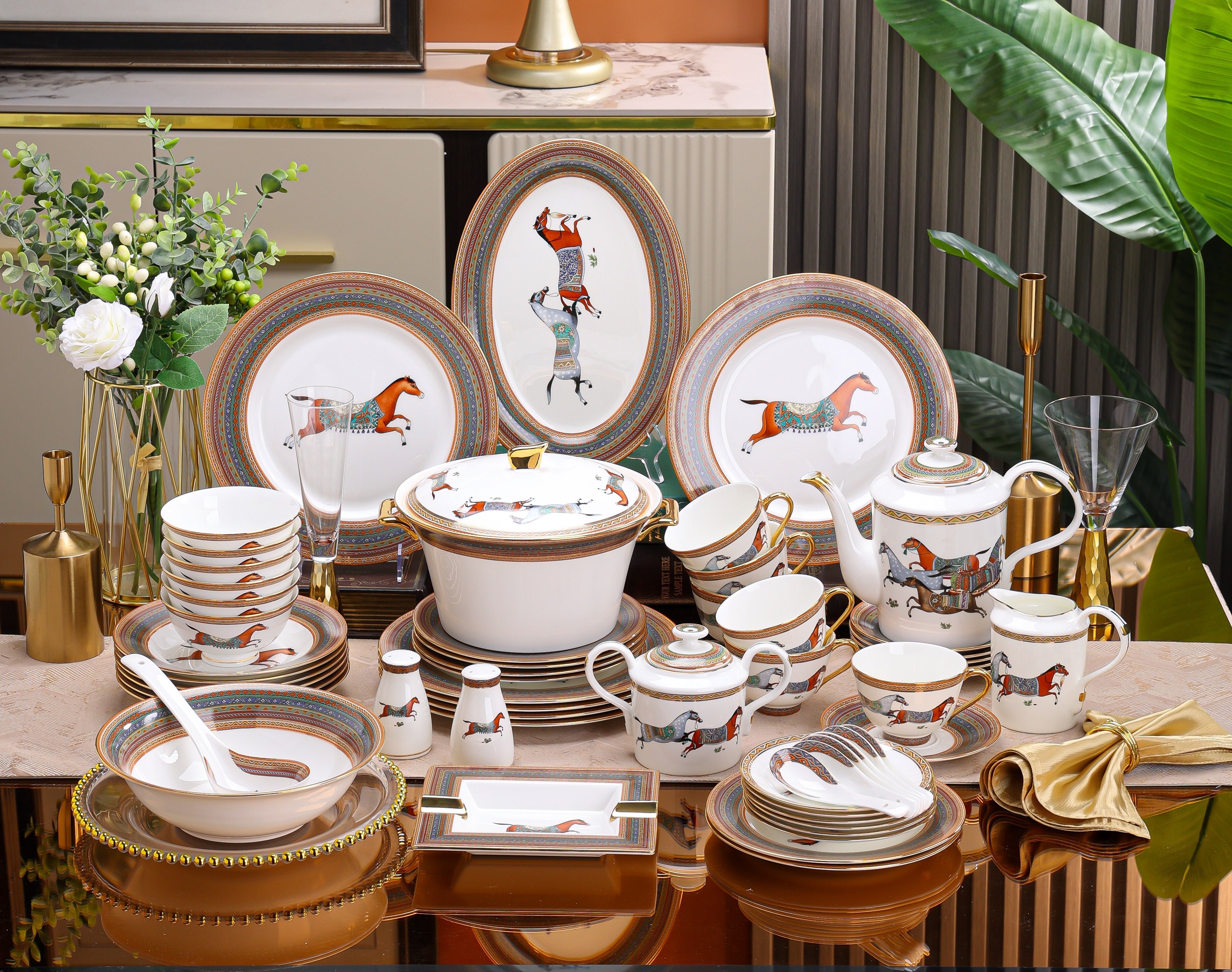 Terracotta Horse Gold Rim Dinnerware Set