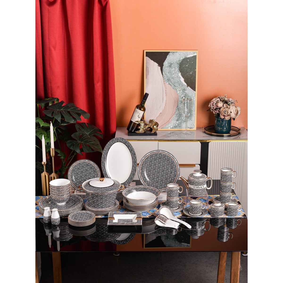 Black White Geometric Maze Dinnerware Set