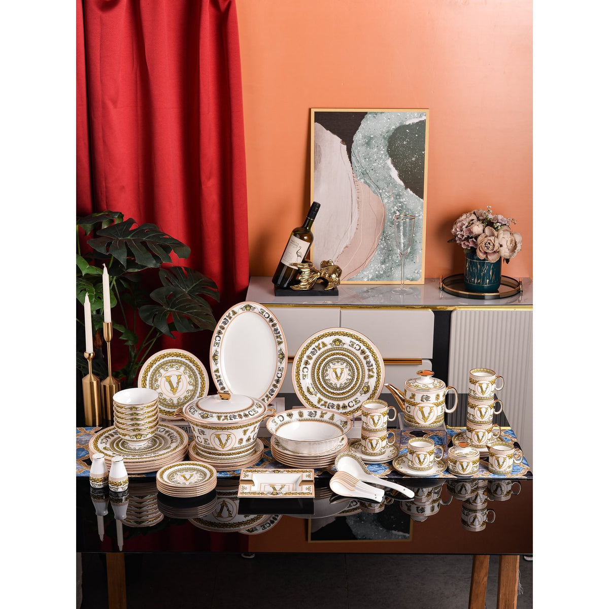 White Gold Vine Monogram Crest Dinnerware Set