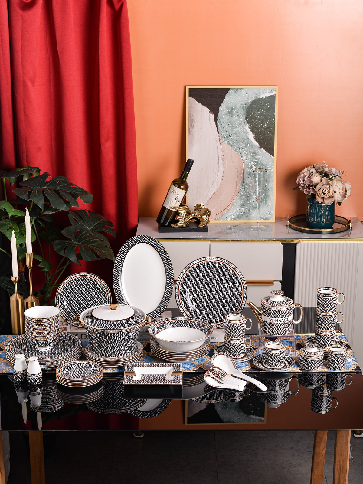 Black White Geometric Maze Dinnerware Set