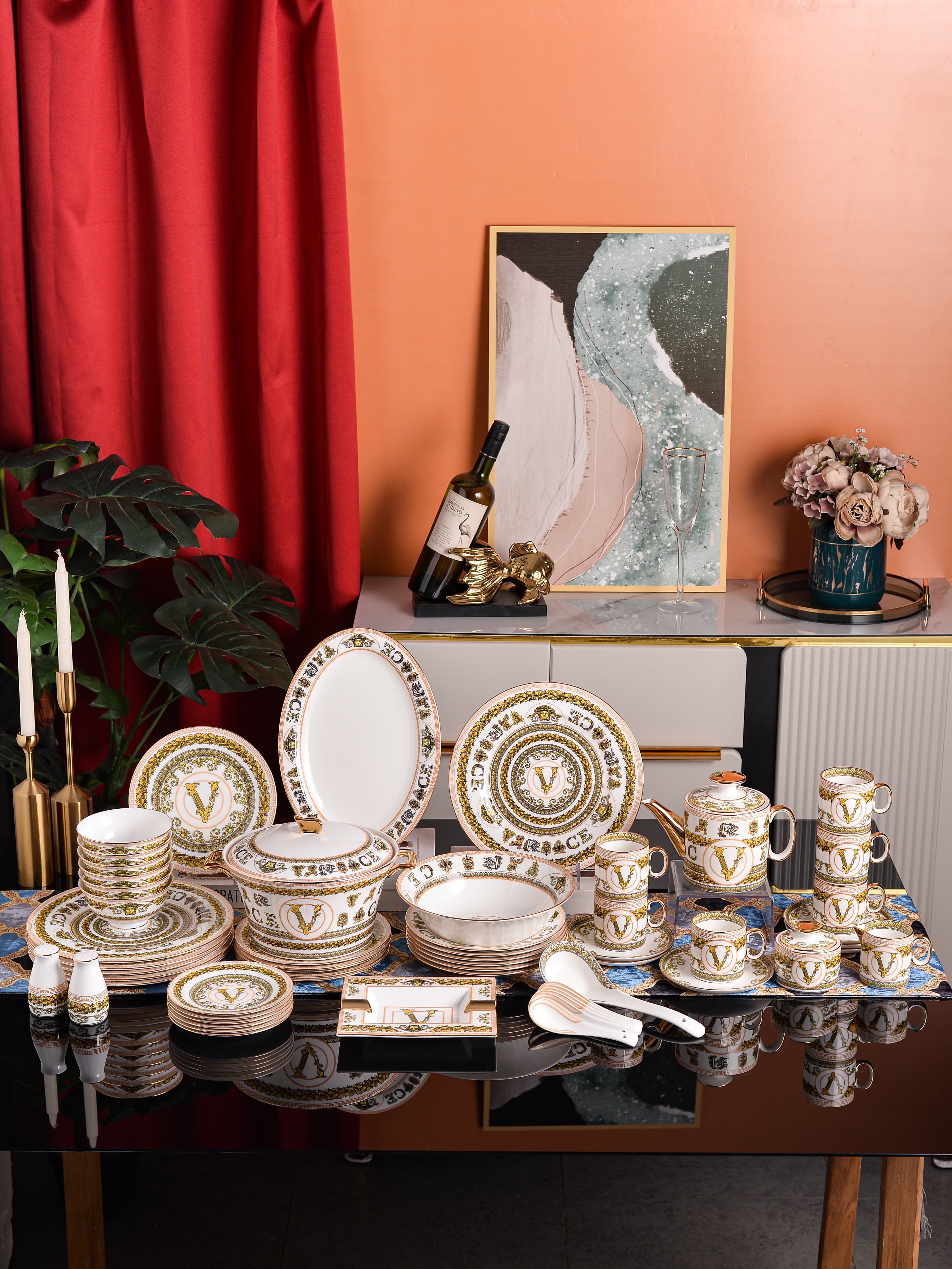White Gold Vine Monogram Crest Dinnerware Set