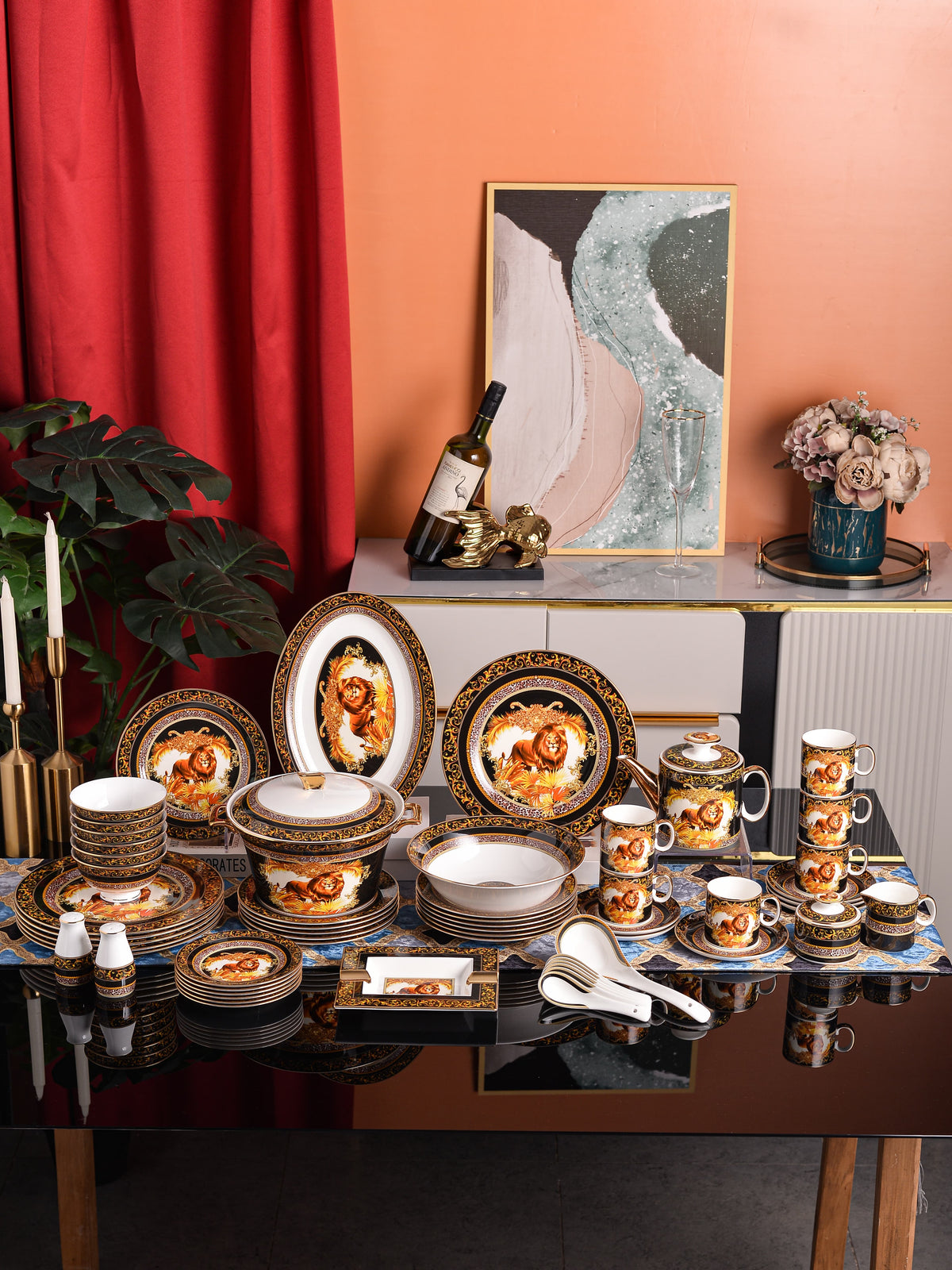 Black Gold Lion Medallion Dinnerware Set