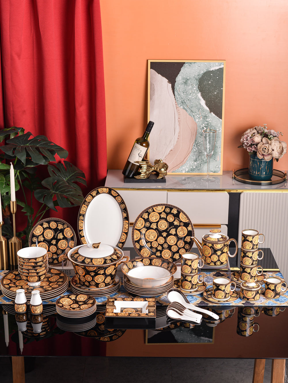 Black Gold Coin Medallion Dinnerware Set
