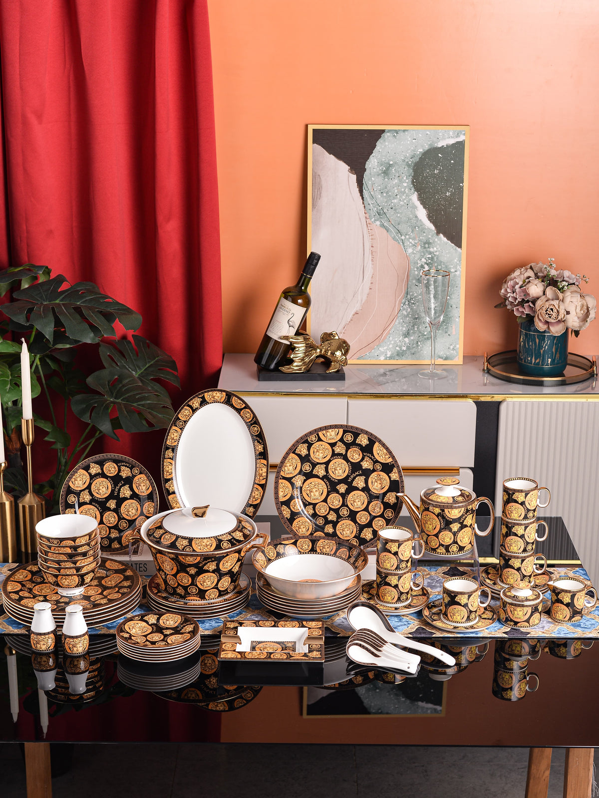 Black Gold Coin Medallion Dinnerware Set