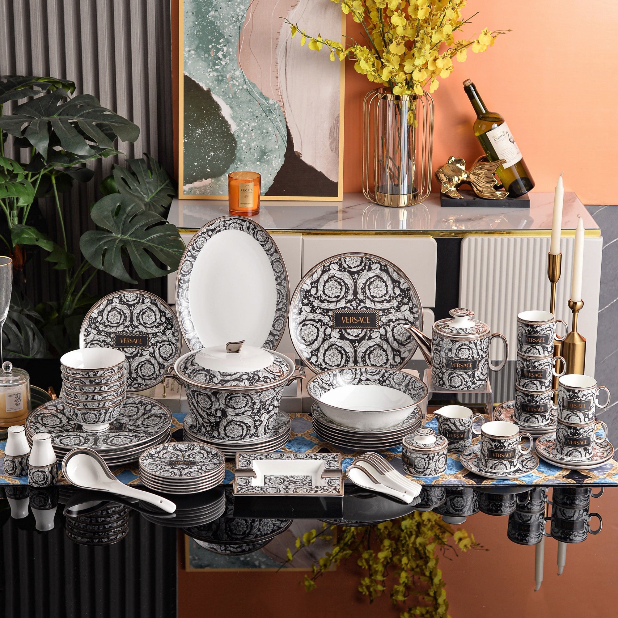 Black Silver Baroque Garland Dinnerware Set