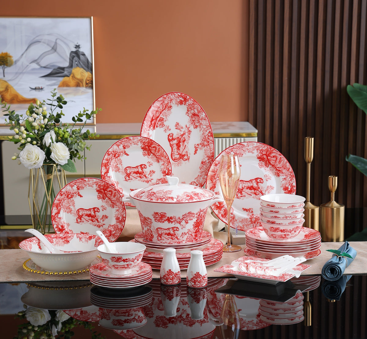 Crimson Forest Tiger Dinnerware Set