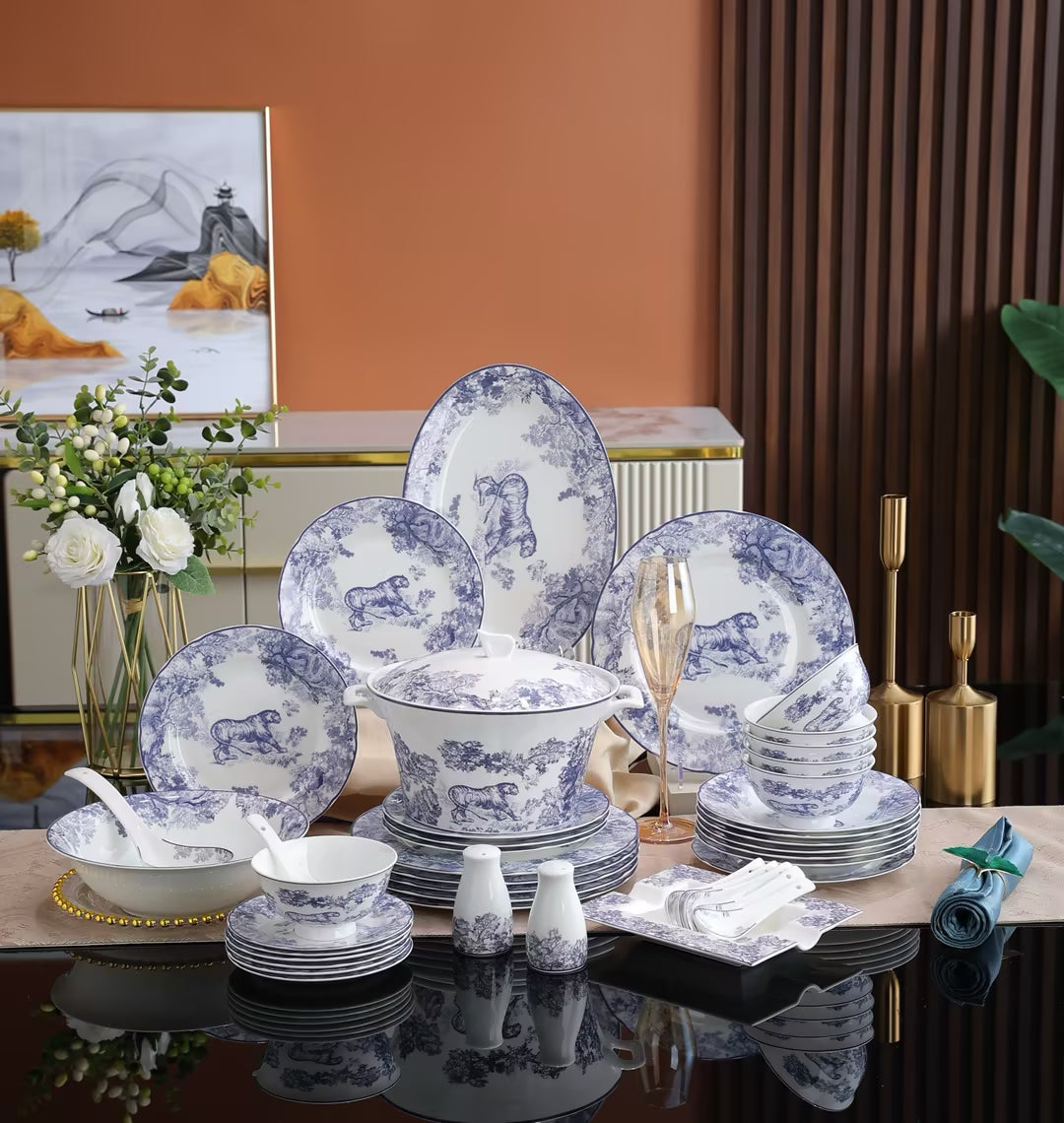 Blue and white ceramic tableware display